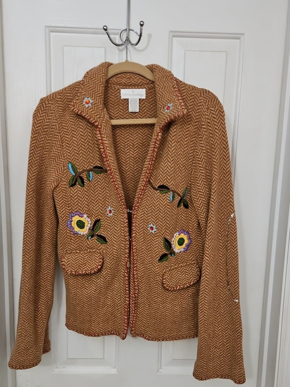 Soft Surroundings Embroidered Jewel Floral Lambswool Angora Blazer Size M Womens